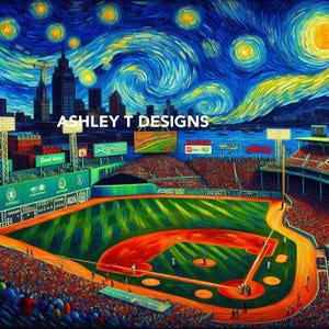 Könnte beinhalten: Ein Gemälde eines Baseballstadions bei Nacht mit einem Sternenhimmel im Stil von Vincent van Gogh. Das Stadion ist gefüllt mit Menschen und das Feld ist beleuchtet. Der Text "ASHLEY T DESIGNS" ist in der Mitte des Bildes sichtbar.