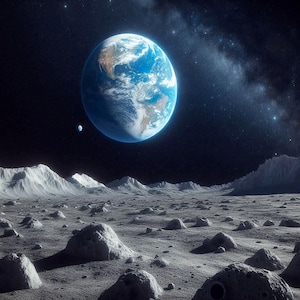 May include: A view of Earth from the surface of the moon, showing a rocky, gray landscape with mountains in the distance. The Earth appears as a blue and green sphere in the dark sky.