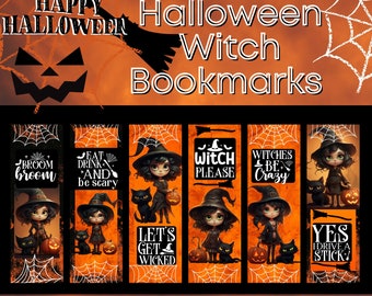 Ensemble de 6 signets mignons Halloween Witch Booklovers, signets d’Halloween, plaisir d’Halloween, signets de sorcière, signets numériques à télécharger