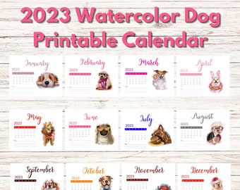 2023 Watercolor Dog Digital Calendar, Digital Download, Dog Prints, Watercolor Dog 12-Month Calendar, Instant Download