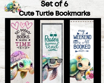 Set von 6 niedlichen Schildkröten-Booklovers-Lesezeichen, niedliche Schildkröten-Lesezeichen, niedliche Lesezeichen, digitale Lesezeichen zum Herunterladen, Schildkröten-Liebhaber