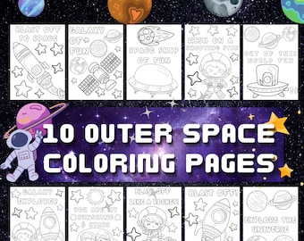 May include: Ten black and white colouring pages featuring outer space themes. The pages include images of rockets, planets, astronauts, stars, and spaceships. The text on the pages includes phrases like "Blast Off to Space", "Galaxy of Fun", and "Explore the Universe".