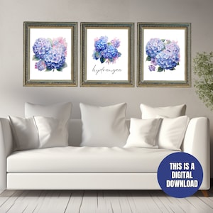 Ensemble de 3 impressions d'hortensias bleus à l'aquarelle, décoration murale minimaliste, estampes d'art botaniques, décoration murale d'hortensia Art imprimable, téléchargement