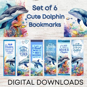 Set of 6 Cute Dolphin Booklovers Bookmarks, Cute Dolphin Bookmarks, Cute Bookmarks, Digital Bookmarks to Download, Dolphin Lovers