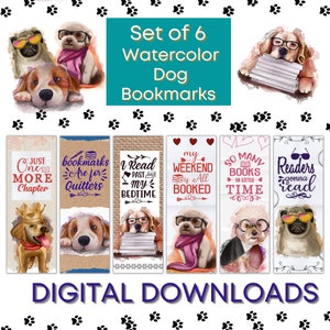 Set of 6 Funny Dog Booklovers Bookmarks, Watercolor Dog Bookmarks, Funny Bookmarks, Digital Bookmarks to Download