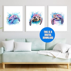 Set of 3 Printable Watercolor Ocean Sea Turtle Prints, Sea Turtle Themed Wall Art, Sea Nursery Prints, Underwater Animals, Nursery Decor