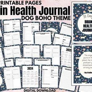 Op de afbeelding: Een printbaar brein gezondheidsdagboek met een boho-thema met honden. De omslag heeft een donkerblauwe achtergrond met witte honden, regenbogen en sterren. De titel "31 Day Brain Health Journal" staat in witte tekst. Het dagboek bevat 135 printbare pagina's, waaronder dagelijkse schema's, kalenders en prompts voor reflectie.
