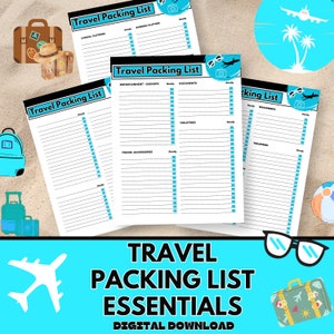 Travel Packing List Printable, Instant Download, Vacation, Cruise, College, Travel Planner, Packing Checklist, Holiday, Trip Essentials