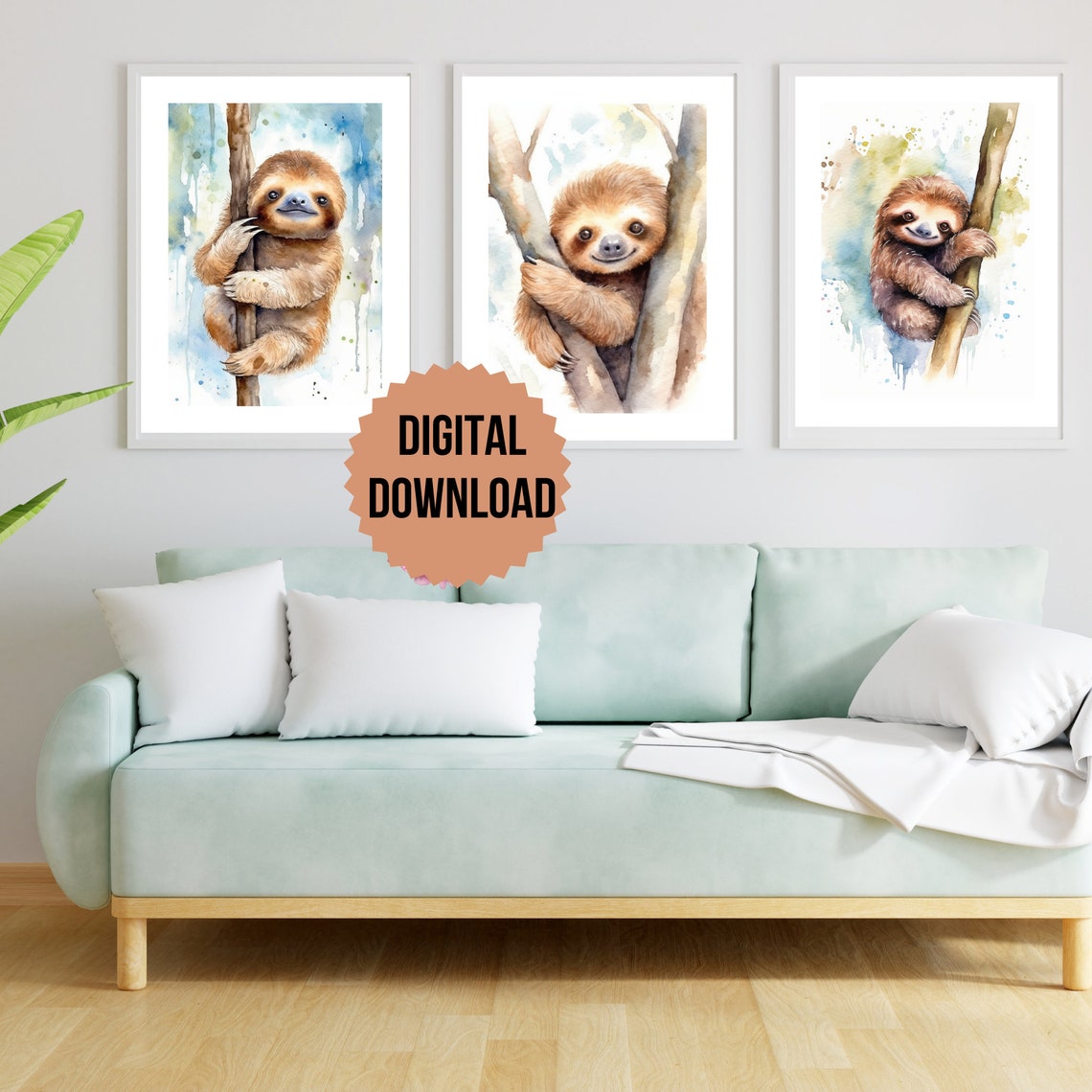 Sloth Watercolor Wall Art Set of 3, Printable Wall Art, Sloth Prints