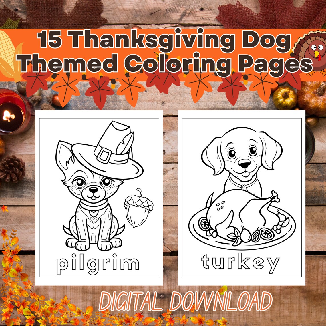 15 Thanksgiving Themed Coloring Pages With Dogs Kid's - Etsy