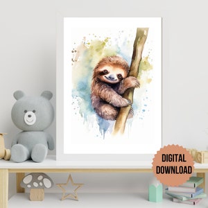 Faultier Aquarell Wandkunst, Faultier Aquarell druckbare Wandkunst, Faultier Drucke, Faultier Kinderzimmer Dekor, Faultier Geschenkidee, Faultier Wandkunst