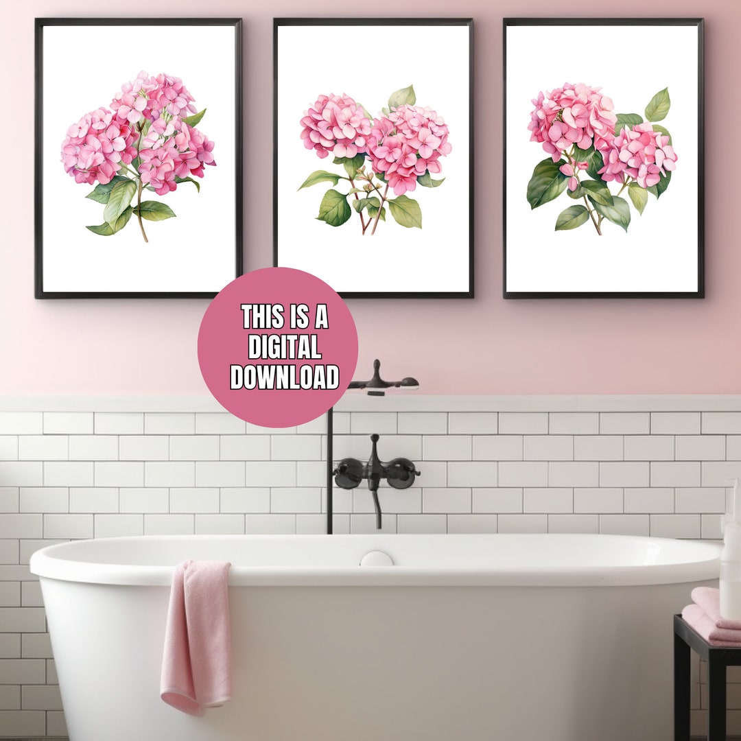 Set of 3 Pink Watercolor Hydrangea Prints, Wall Decor, Botanical Wall