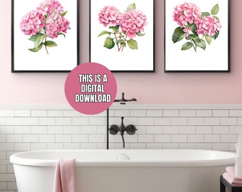 Set of 3 Pink Hydrangea Watercolor Print Set, Printable Botanical Wall Art (Digital Download)