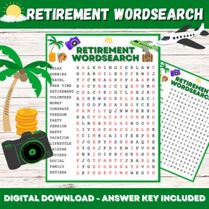 A Retirement Party Wordsearch Printable with Answers, Fun Game, Retirement Game, Retirement Activity