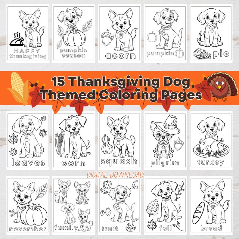 15 Thanksgiving Themed Coloring Pages With Dogs Kid's - Etsy