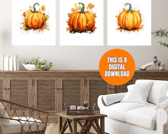 Set of 3 Fall Watercolor Pumpkin Wall Art, Autumn Prints (Digital Download)