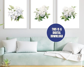 Set of 3 White Hydrangea Watercolor Prints: Botanical Wall Art Set (Digital Download)