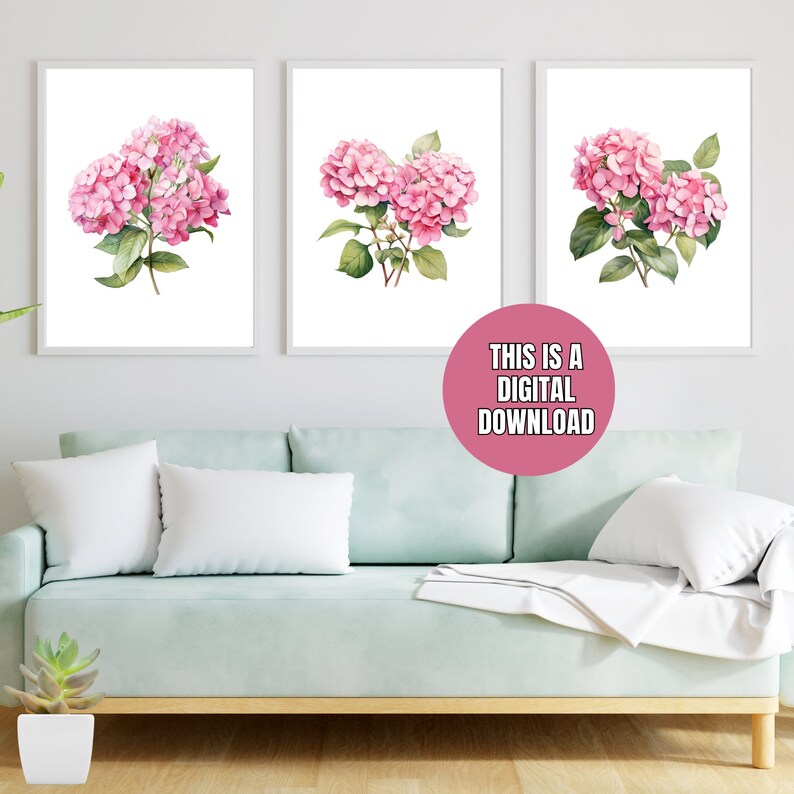Set of 3 Pink Watercolor Hydrangea Prints, Wall Decor, Botanical Wall ...