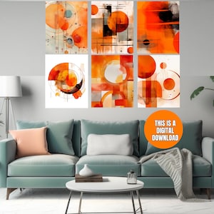 Set of 6 Orange Printable Abstract Wall Art, Modern Geometric Wall Decor, Gallery Wall Art Set, Modern Art Prints, Mid Century Modern Art