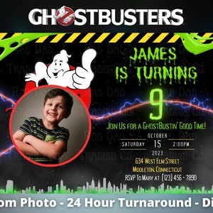 May include: A black and green digital invitation for a Ghostbusters themed birthday party. The invitation features a cartoon ghost, a photo of a child, and the text "James is turning 9". The invitation also includes the date, time, and location of the party.