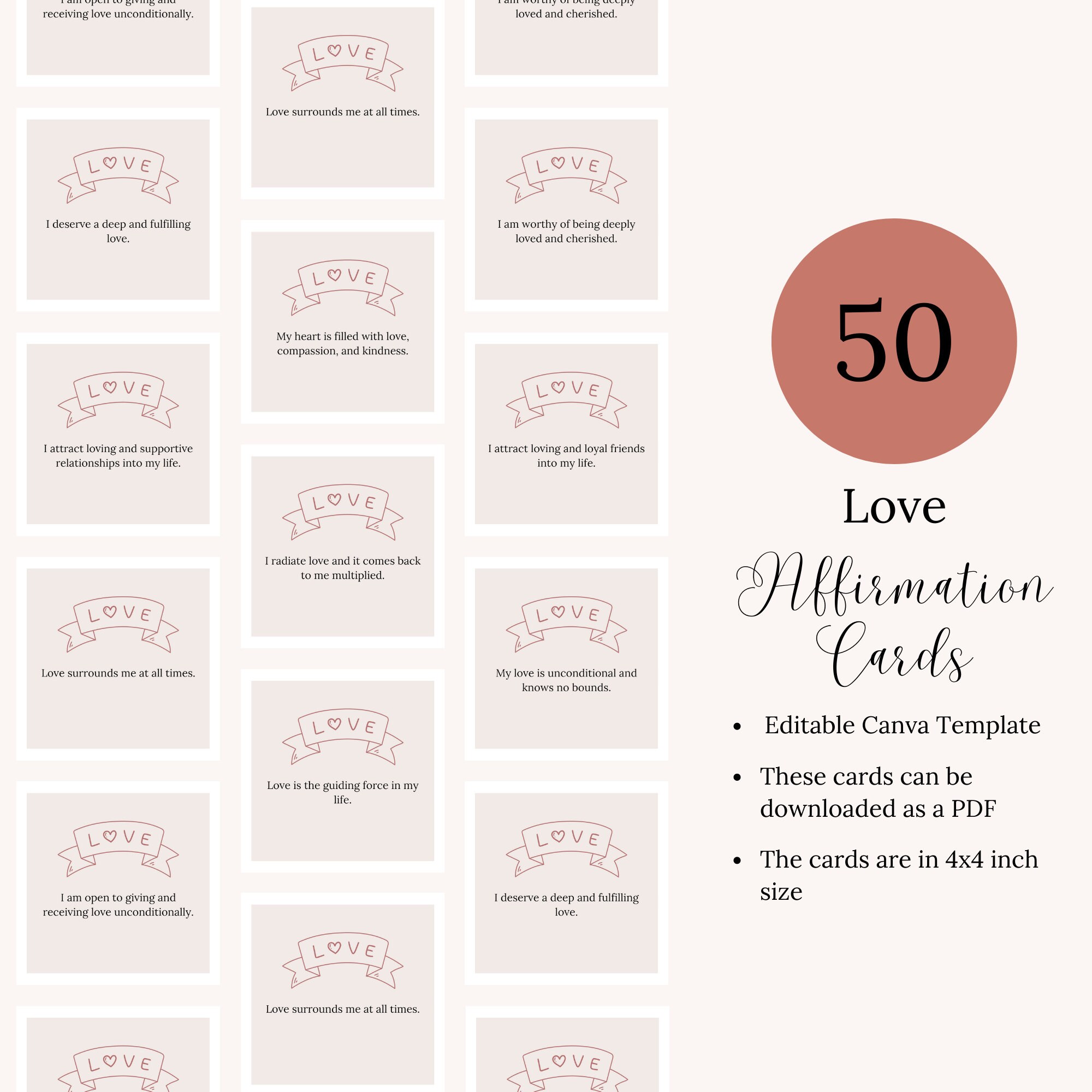 Love Affirmation Cards Canva Template, Love Encouragement Cards, Daily ...