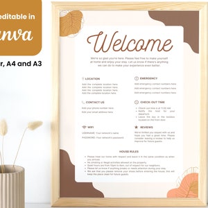 Plantilla de Canva para letrero de bienvenida imprimible y editable Letrero de bienvenida de VRBO Letrero de bienvenida de AirBnB personalizable Carta estadounidense A4 A3 Boho