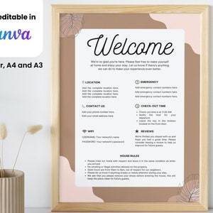 Letrero de bienvenida editable de Airbnb, plantilla de Canva, letrero de bienvenida de VRBO. Letrero de bienvenida de Airbnb personalizable, tamaño carta (EE. UU.), A4, A3, estilo bohemio.
