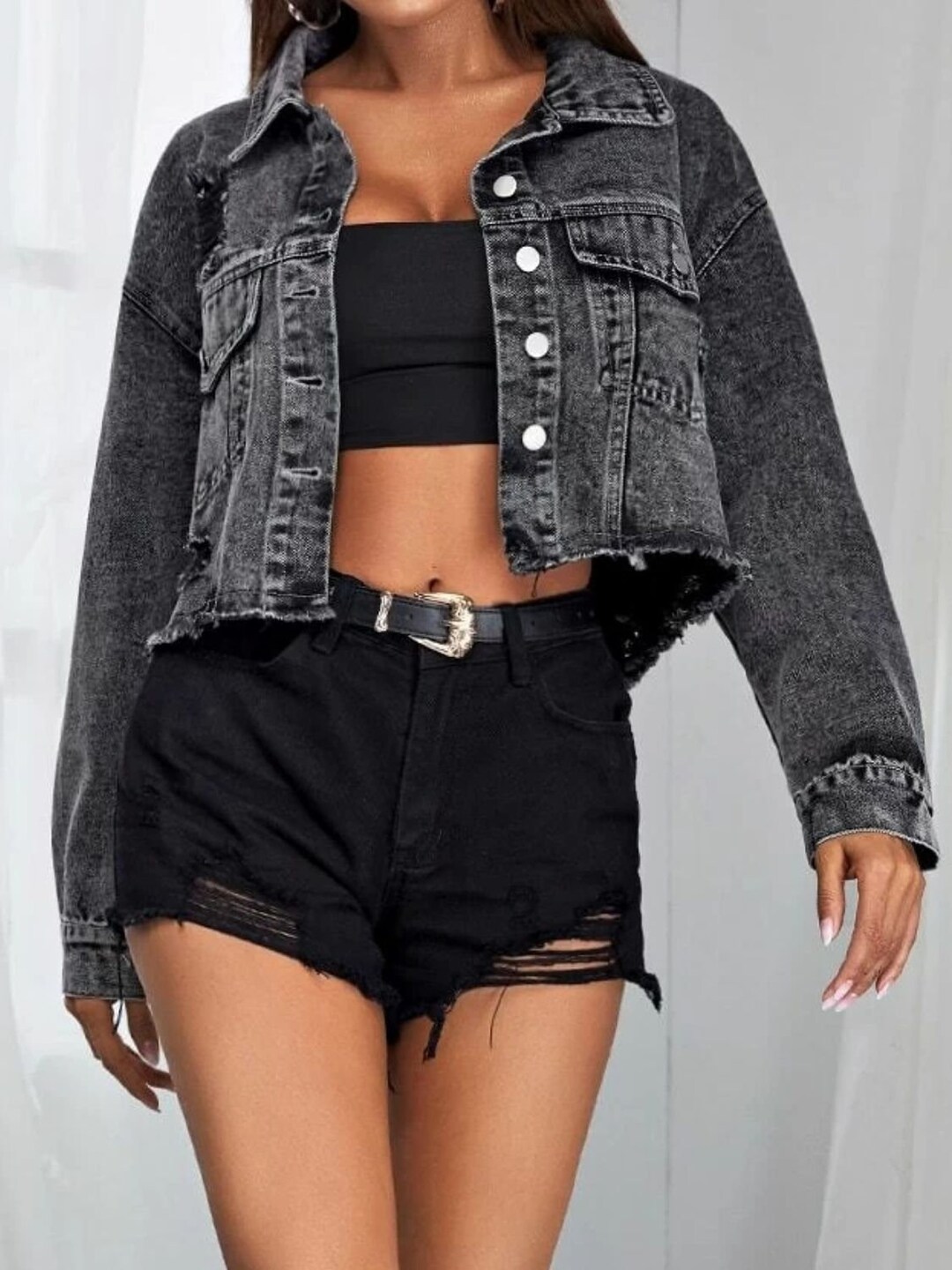 Collared Neck Dropped Shoulder Denim Jacket
