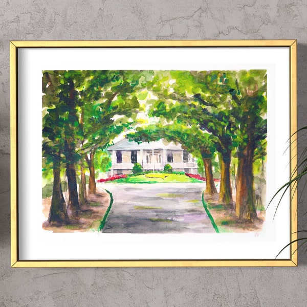 Magnolia Lane Watercolor Print | Augusta National Clubhouse | Golf Art | Digital Download