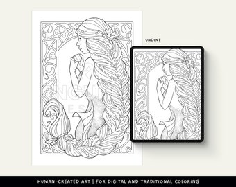 Digital and Printable Mermaid Coloring Page for Adults • Fantasy Coloring Sheet • Coloring Book • Art Therapy • Creative Mindfulness