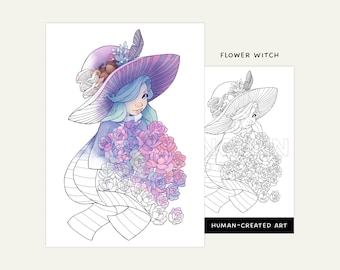 Printable Adult Coloring Page • Garden Witch Aesthetic • Cute Cottagecore Flower Witch Coloring Sheet • Floral coloring page