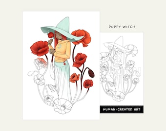 Printable Adult Coloring Page • Cute Poppies Garden Witch Coloring Sheet • Floral Witchy Digital Fantasy Art