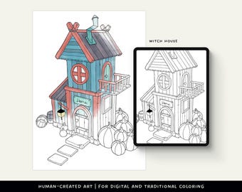 Witch House Coloring Page • Digital and Printable Witchy Fantasy Drawing • Woodland Witch Coloring Sheet • Creative Hobby • Arts and Crafts