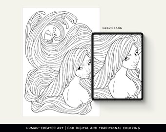 Digital and Printable Mermaid Coloring Page for Adults • Fantasy Coloring Sheet • Coloring Book • Art Therapy • Creative Mindfulness