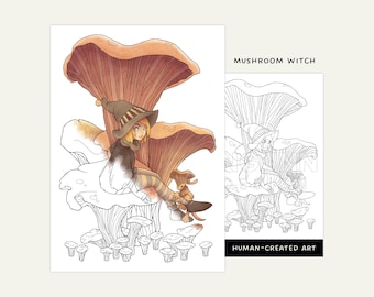 Cute Mushroom Witch Coloring Page • Printable Coloring Sheet for Adults and Kids • Digital Fantasy Art Illustration • Mushroom Garden Motifs
