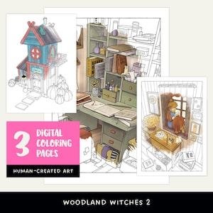 May include: Three digital coloring pages featuring whimsical illustrations. One shows a colorful house with pumpkins, another a detailed desk scene, and the third a person reading by a window. The text reads "3 DIGITAL COLORING PAGES HUMAN-CREATED ART".