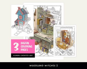 Witchy Coloring Pages • Fantasy Drawing • Woodland Witch Coloring Sheet • Digital and Printable Coloring Book • Detailed Interior Room