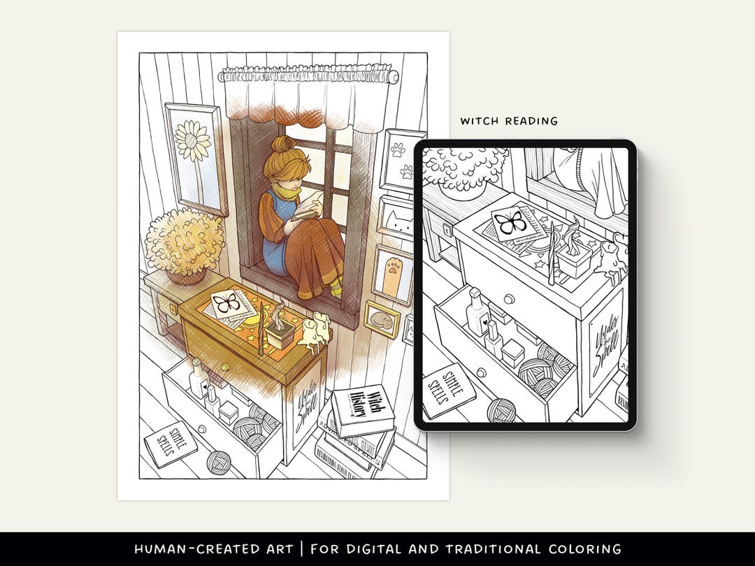 Witch Reading Coloring Page: Fantasy Interior (PDF & PNG) - Etsy