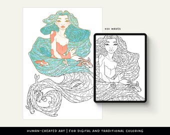 Digital and Printable Mermaid Coloring Page for Adults • Fantasy Coloring Sheet • Coloring Book • Art Therapy • Creative Mindfulness