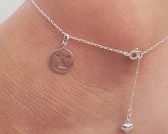 Pulsera de tobillo con dije de ángel y corazón inflado en plata de ley