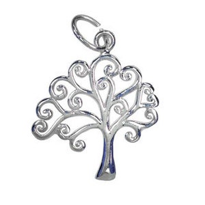 May include: Silver tree of life pendant with a swirl design. The pendant has a loop at the top for attaching to a chain.