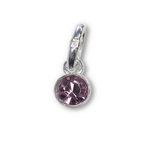 May include: A small, silver-colored charm with a round, light purple gemstone. The charm has a loop at the top for attaching to a bracelet or necklace. The gemstone is set in a silver bezel.