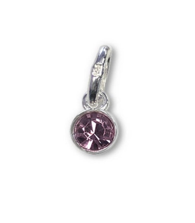 May include: A small, silver-colored charm with a round, light purple gemstone. The charm has a loop at the top for attaching to a bracelet or necklace. The gemstone is set in a silver bezel.