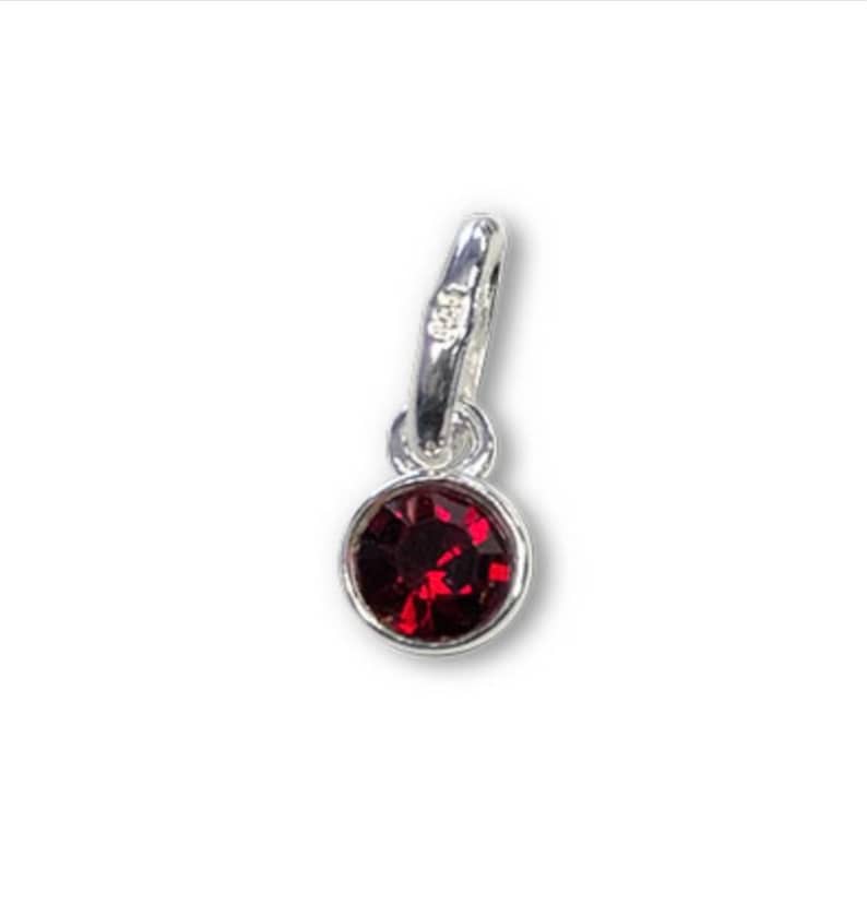 May include: A silver charm with a round, deep red gemstone. The charm has a small loop at the top for attachment to a bracelet or necklace. The gemstone is set in a silver bezel.