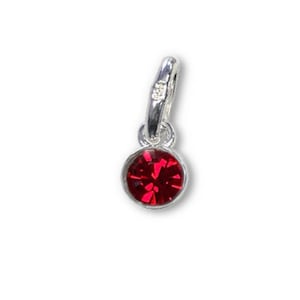 May include: A silver charm with a round, faceted, deep red gemstone. The charm has a small loop at the top for attaching to a bracelet or necklace. The gemstone is set in a silver bezel.