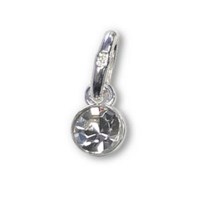 May include: A small, silver-colored charm with a clear, round gemstone. The charm has a loop at the top for attachment and a simple, elegant design. The gemstone is faceted, reflecting light.