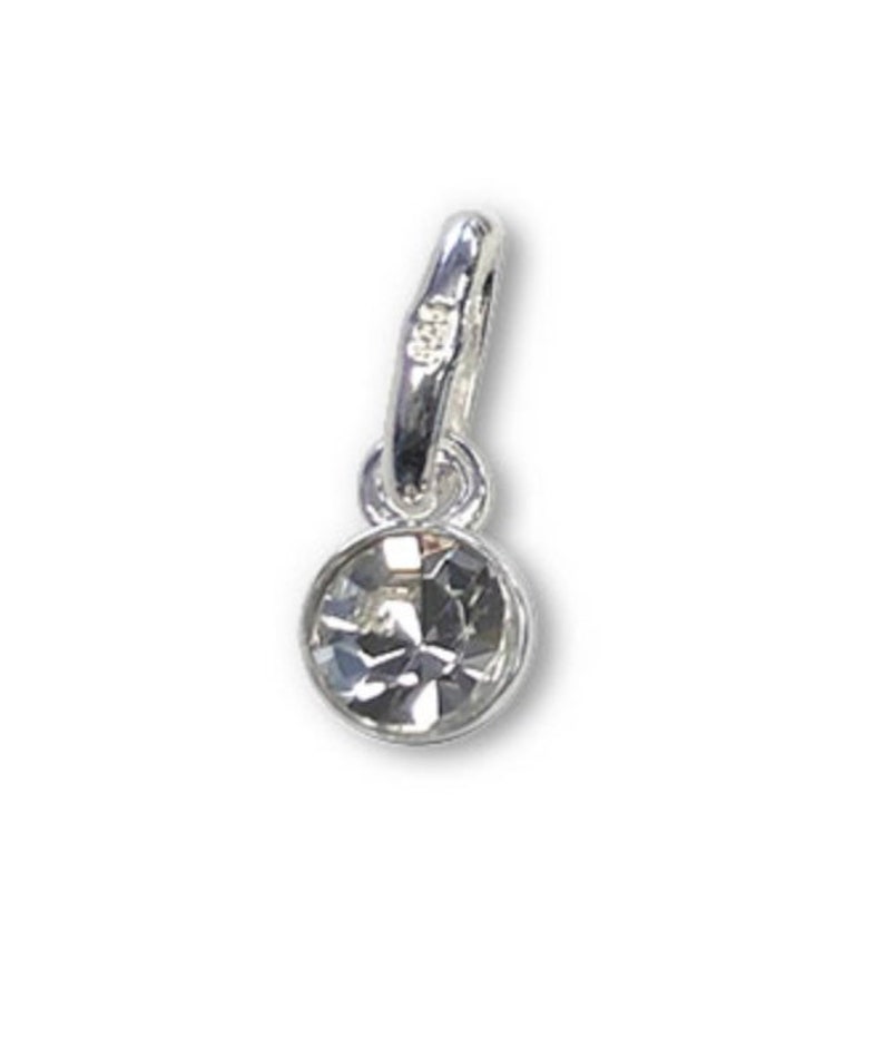 May include: A small, silver-colored charm with a clear, round gemstone. The charm has a loop at the top for attachment and a simple, elegant design. The gemstone is faceted, reflecting light.