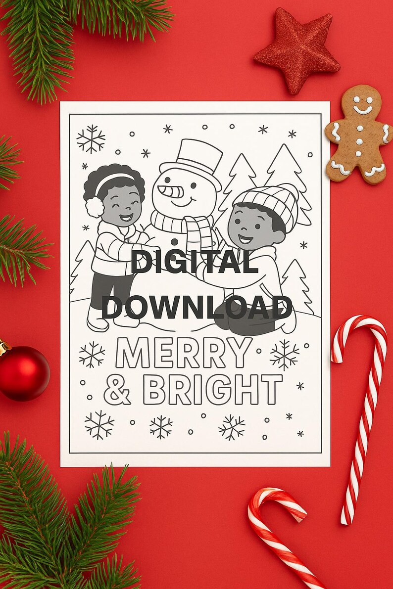 Merry & Bright Christmas Coloring Page | Kids Building Snowman | Cute ...