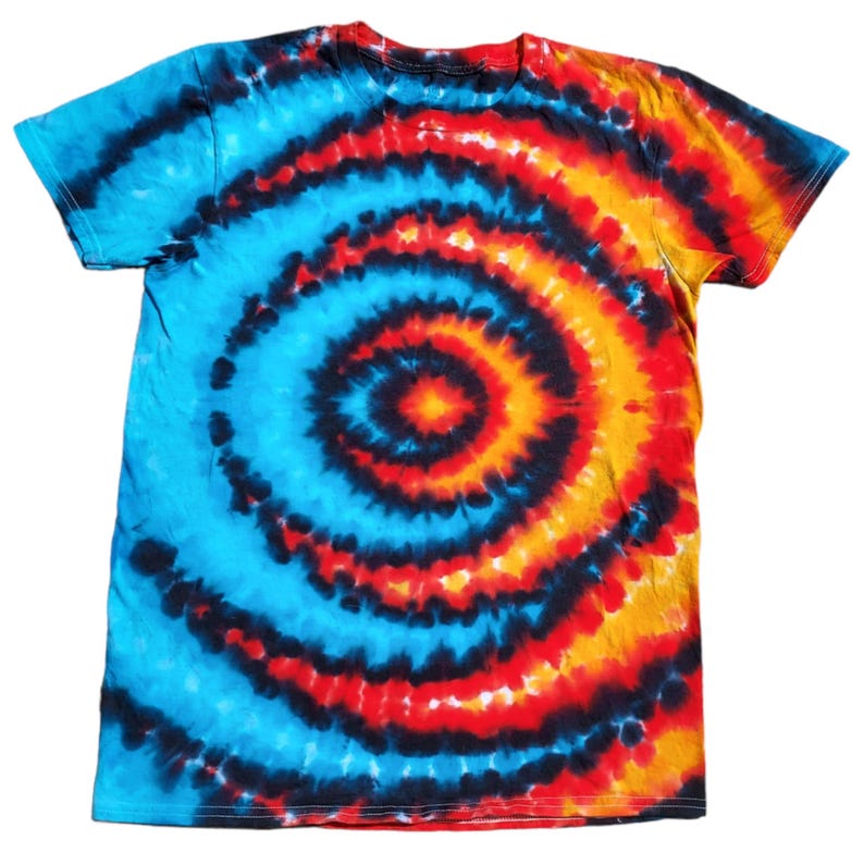 May include: A tie-dye t-shirt with a blue, orange, red and black spiral pattern.