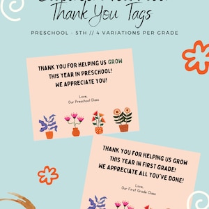 Classroom Volunteer Thank You Tags - &quot;Thank you for helping us grow&quot; - Instant Download - PDF